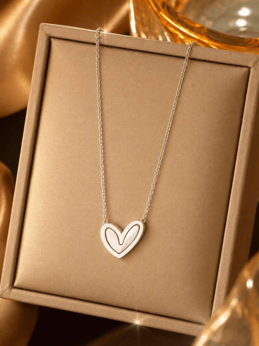 VceTd 1pc Stainless Steel Heart Pendant Necklace, Suitable As Holiday Gift For Women - Silver - View 1