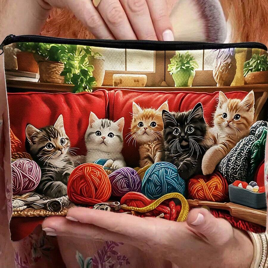 Cute Cat Print Women's Thick Rope Beach Bag, Large Capacity Zippered Canvas Tote For Travel And Storage, Zipper Design, Can Hold Cosmetics, Pencils Or Snacks - Perfect Gift For Sisters, Students And Adults, Multi-Functional Small Bag | Starry Sky Art - Multicolor - View 1