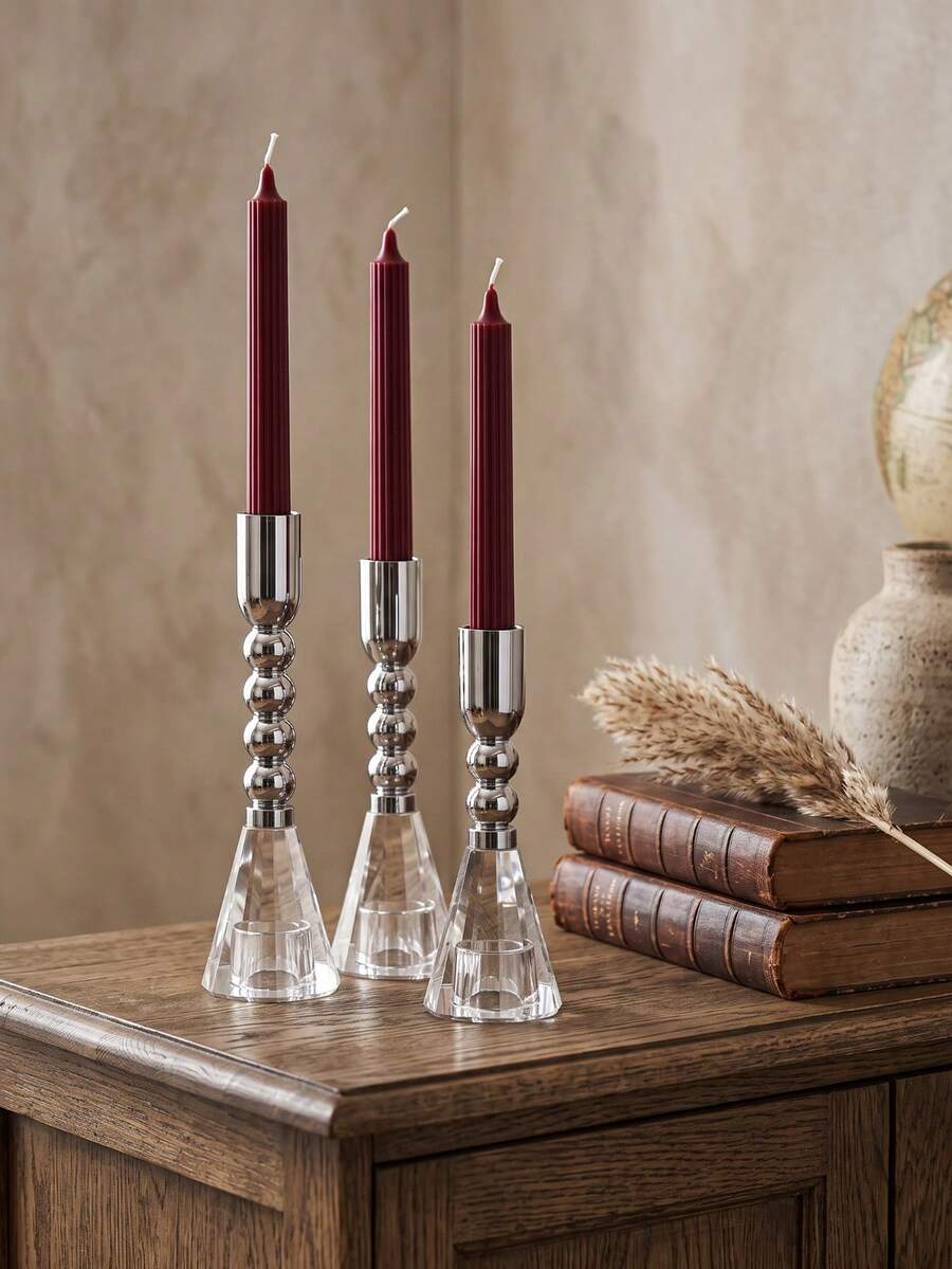 3/2/1pc Silver Metal Candle Holder Set, Modern Tapered Candle Holders With Crystal Base, Elegant Tabletop Centerpiece Decor, Home Decor, Living Room, Dining Table, Wedding, Party, Christmas Decoration, Minimalist Style, Housewarming Gift - Minimalist and Stylish - View 1