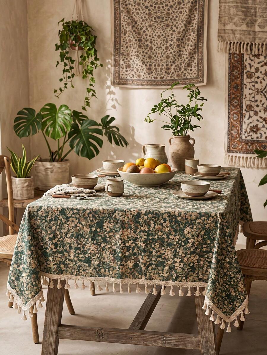 1pc Green Grassland Tablecloth Green Jacquard Natural Tassel Dining Tablecloth Rectangular Coffee Table TV Cabinet Entryway Multi-Functional Cover Suitable For Holiday Gatherings Birthday Parties Wedding Banquets Dining Table Decoration Restaurant Living Room Decoration Office Coffee Table Mat Home Decoration Room Decoration All Seasons - Green - View 1