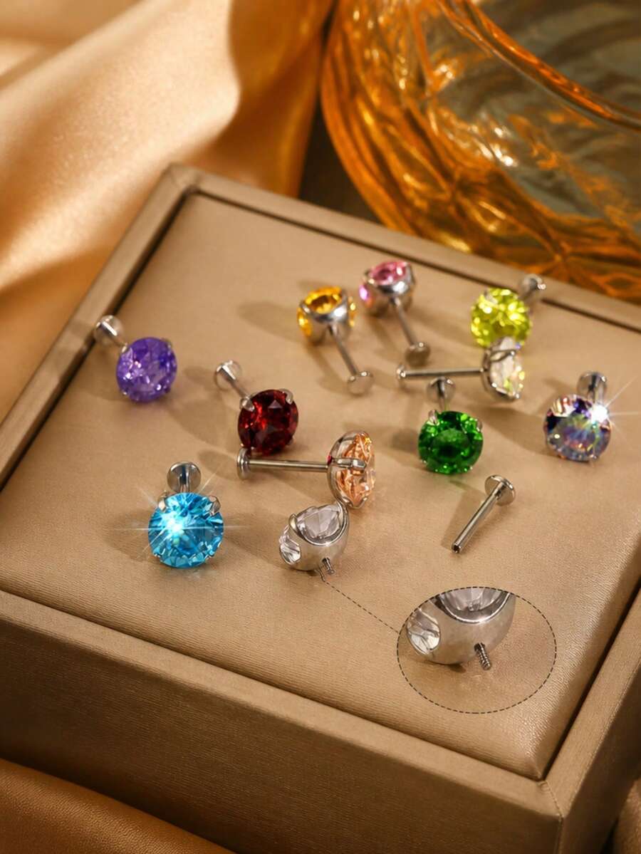 VceTd 1PC Fashion Elegant Dopamine Color Round Cubic Zirconia Inlaid Stainless Steel Women's Stud Earrings Suitable For Daily Wear, Vacation, Fashion Street Style Or Gift - Silver - View 1