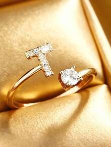 1pc Fashion Copper Plated Niche Luxury Inlaid Shiny Zirconia Ring, 26 Letter Design, Suitable For Women's Daily Wear Creative Minimalist Exquisite Finger Ring - Yellow Gold - View 21