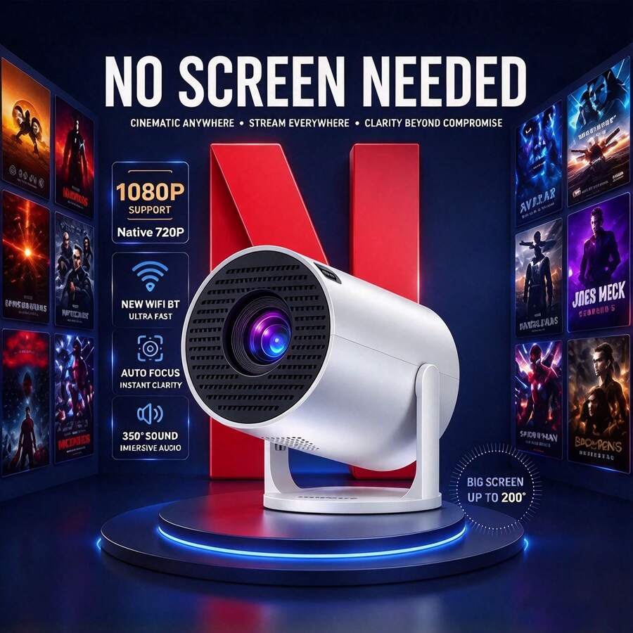 1pc High Definition Smart Projector, Native 720*480P Resolution, Supports 4K Decoding, Mini Portable Projector, 180° Rotation Adjustable, Network Connected, Suitable For Wireless Connection To Phone/, Indoor/Outdoor Movie Viewing Without Screen, Only Supports Phone Connection Playback