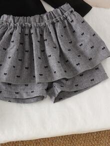 2pcs Baby Girl Cute 3D Ribbed Long Sleeve Top & Printed Shorts Set, Thin Spring/Autumn - Black - View 6