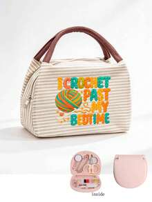 Printed Yarn, Scissors & Knitting Needle Tote Bag For Storing Sewing Tools, Makeup, And Small Personal Items. Multiple Fresh Striped Colorways, Suitable For Handicraft Enthusiasts And Commuting. Mini Portable Sewing Kit Tool Set, Artistic Handmade Healing Style, Perfect Practical Creative Gift For Girls Who Love Knitting And Sewing - Multicolor - View 17