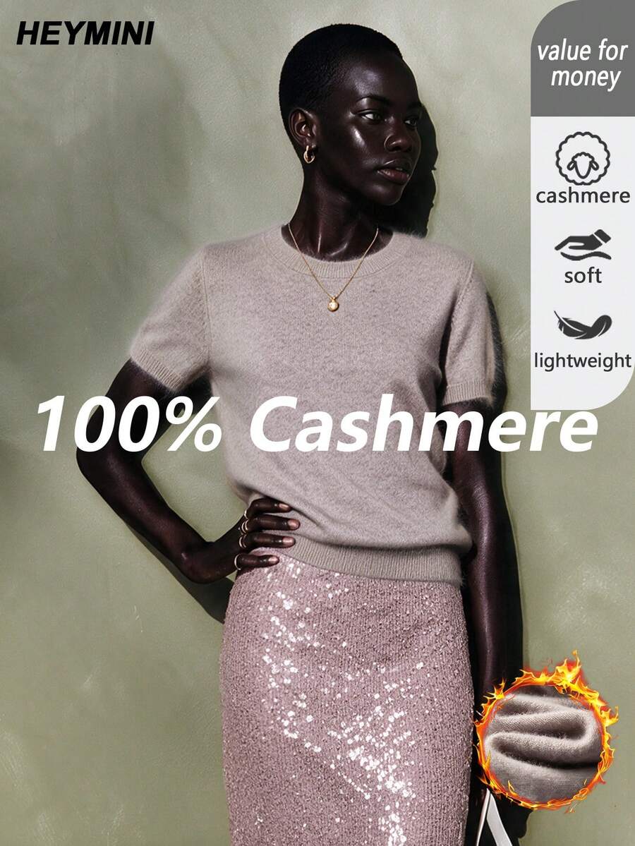 HEYMINI Autumn/Winter New 100% Cashmere Sweater, Women's Slim Fit Round Neck Short Sleeve Knit Top, Suitable For Daily Wear - Maroon - View 1