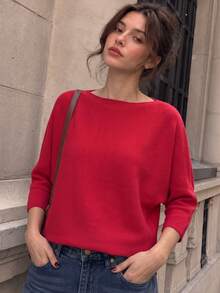 女款極簡風船領長袖寬鬆針織套頭毛衣 - 紅色 - 查看 5