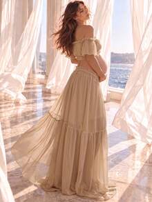 Maternity Off Shoulder Strapless Flounce Sleeve Maxi Gown, Chiffon Medium Stretch Ruffle Frill Detail Split Front Flounce Hem Dress For Curvy Fall - Khaki - View 1