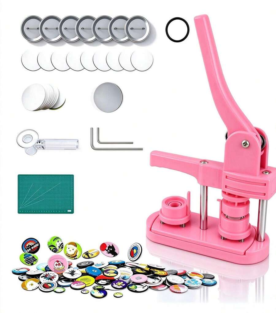 58mm Button Maker Machine DIY Kit, Plastic Pin Press For Kids, Custom Badge And Keychain Maker, Arts And Crafts Tool For Children - Pink - View 1