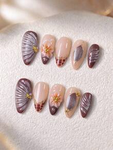 10pcs Handmade Detachable Fake Nails, Red-Brown Autumn French Pointed Nails With Shell Pattern And Water Ripple, Silver Glitter Accents, Handmade 3D Carved Gold Trim, Pearl And Gold Decor, Suitable For Daily Wear, Party, Holiday, Date And Other Occasions - Chocolate Brown - View 4