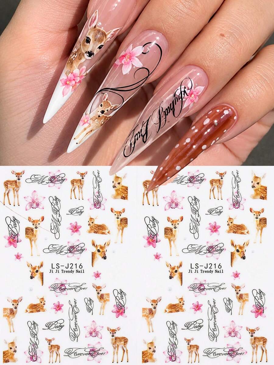 Deer & Floral Nail Stickers, Cute Deer & Flower English Handwritten Letter Nail Decals, DIY Nail Art For Nail Enthusiasts, Create Romantic & Sweet Nail Designs, Rich Deer, Pink Flower & Handwritten Text Patterns, Suitable For Daily & Date Nail Art - Multicolor - View 1