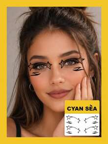 1pc Temporary Tattoo Sticker Music Festival Black Star & Curve Line Eye Face Makeup Pattern, Realistic Tattoo Design, Suitable For Daily Wear, Bachelorette Party Favors, Music Festivals, Games, Graduation Gifts, Lasts 3-5 Days - Black - View 2
