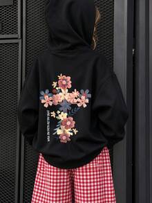 Tween Girl Hoodie, Walk By Faith Not By Sight Inspirational Floral Back Print, Casual Long Sleeve Hooded Sweatshirt For Girls Spring School Wear. - Black - View 1