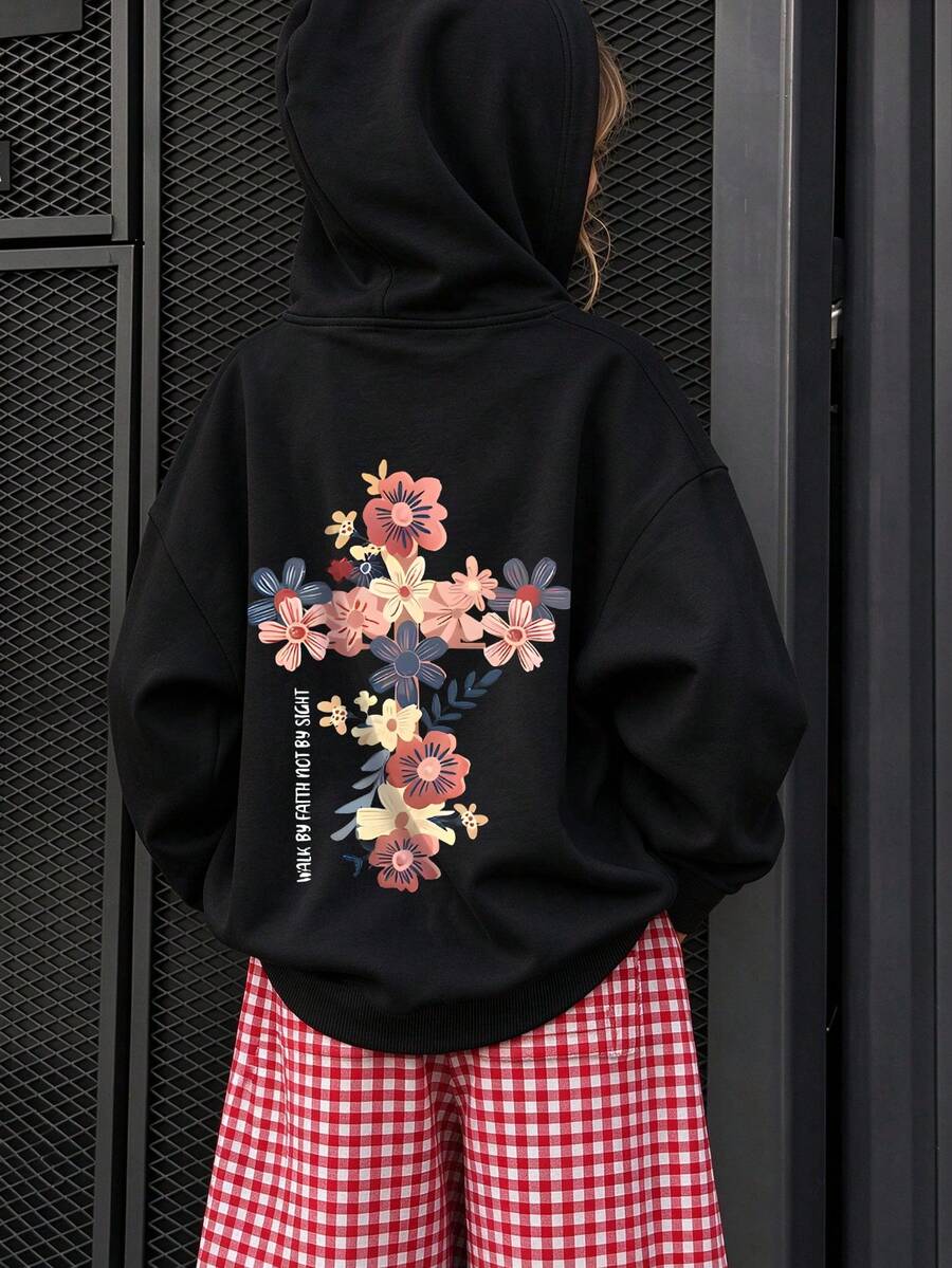 Tween Girl Hoodie, Walk By Faith Not By Sight Inspirational Floral Back Print, Casual Long Sleeve Hooded Sweatshirt For Girls Spring School Wear. - Black - View 1