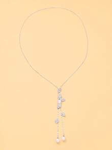 1pc Elegant Knotted Sweater Chain, Y-Shaped Rhinestone Leaf & Faux Pearl Long Draping Personalized Necklace, Daily Evening Party Accessory - Tassel - View 11