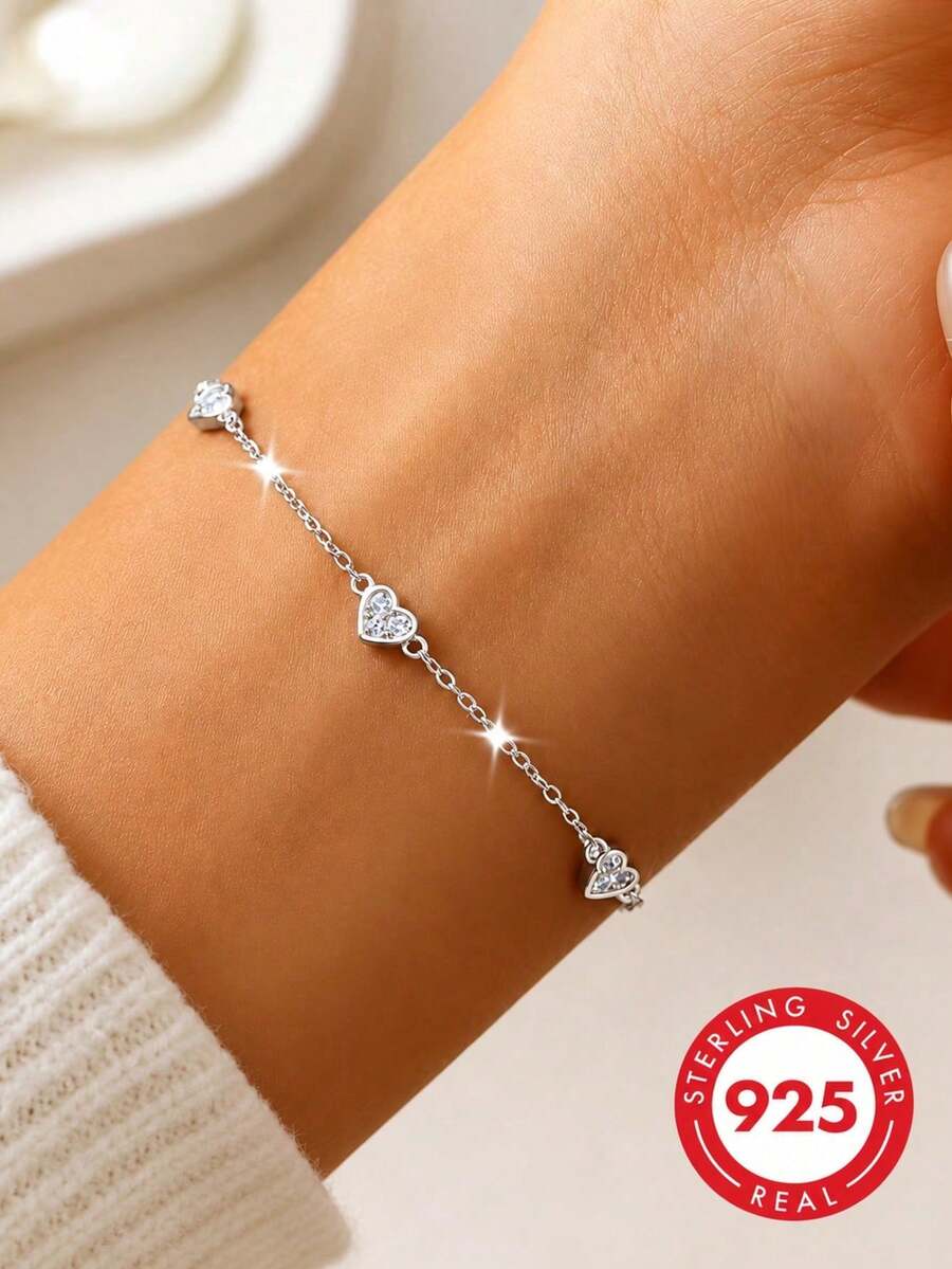 GLIMMER GI 1件 S925 純銀低過敏手鍊,鑲嵌 3 顆合成立方鋯石心形,百搭時尚高級新風格,適合日常配戴/度假/約會/生日禮物 - 金色 - 查看 1