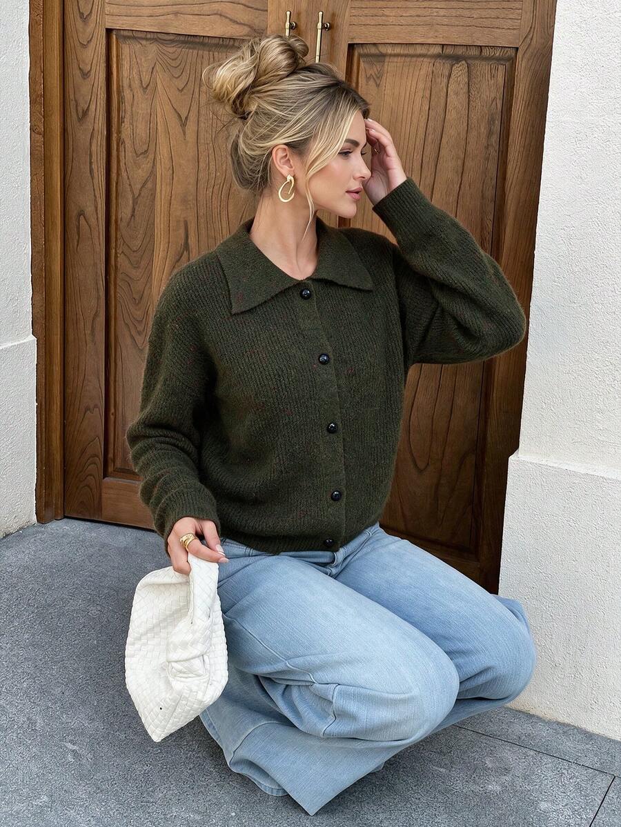 Nicenter Women's Elegant Dark Green Knit Cardigan With Lapel Collar, Single-Breasted Long Sleeve Loose Sweater Jacket, Suitable For Daily Commute And Autumn Outfits - Dark Grey - View 1
