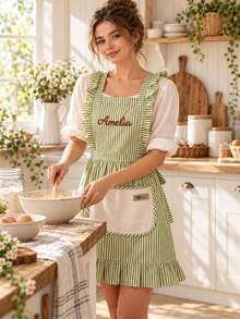 1PC Personalized Custom Embroidered Ruffle Apron, Striped Cooking Bib With Patch Pocket And Back Tie, Custom Name Kitchen Wear For Baking Crafting Gardening Housework, Memorable Holiday Gift For Family - Multicolor - View 3