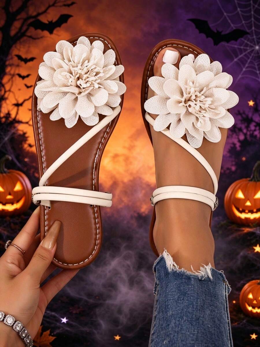 Summer New Women's 3D Large Flower Flat Sandals, 2-Way Adjustable Thin Strap Open Toe Slides, Beach Vacation Casual Shoes - Beige - View 1