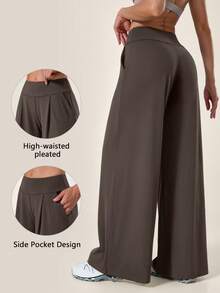 TimeOff 1pc Women Loose Fit Cinched Waist Pockets Wide Leg Sports Pants - Brown - View 10