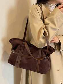 Vintage Faux Suede Drawstring Tote Bag For Women, PU Leather Strap Decor, Large Capacity Shoulder Bag, Adjustable Strap, Commuter Large Bag - Coffee - View 6