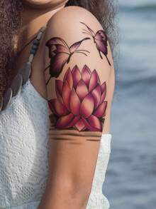 2PCS Black & Purple Gradient Aesthetic Delicate Butterfly & Lotus Pattern Party Gift DIY Holiday Gift Music Festival Temporary Waterproof Tattoo Stickers For Arm, Back, Leg - Multicolor - View 2