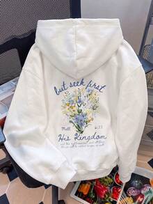 Women's White Loose Floral Print Long Sleeve Sweatshirt Sweatshirt With Pockets And Ribbed Details, Ideal For Spring And Autumn - White - View 4