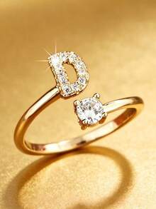 1pc Fashion Copper Plated Niche Luxury Inlaid Shiny Zirconia Ring, 26 Letter Design, Suitable For Women's Daily Wear Creative Minimalist Exquisite Finger Ring - Yellow Gold - View 8