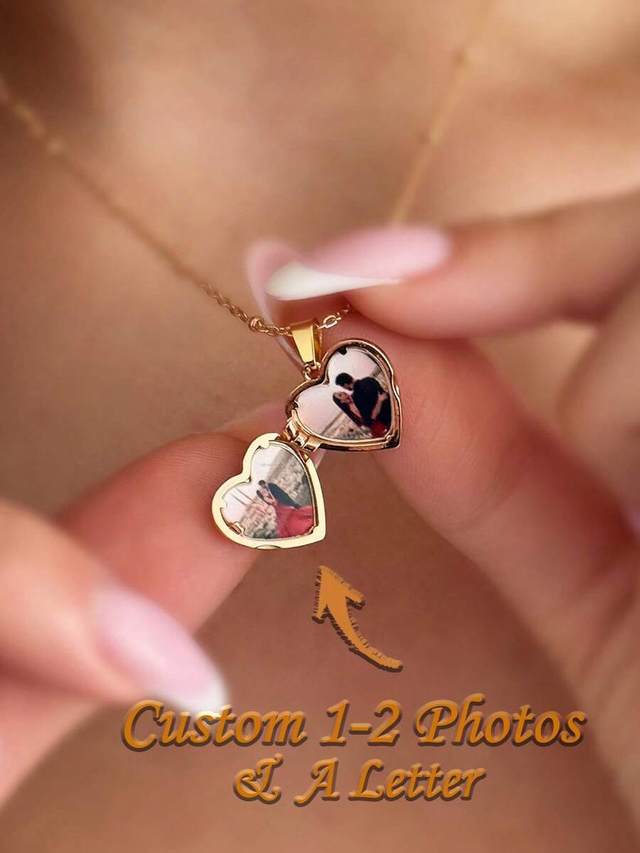 Personalized Heart Photo Engraving Letter Locket Necklace Custom Engraved Locket With Two Pictures Memory Gift For Her/Mom - Multicolor - View 1