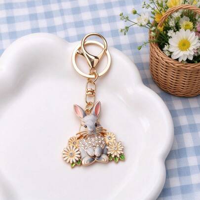 Llavero de conejo de metal dorado con esmalte, flor colorida incrustada, colgante de piedra brillante, accesorio de decoración para bolso y llave