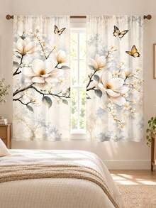 2pcs Vintage Magnolia Butterfly Pattern Printed Curtains, Single-Sided Printing, Semi-Sheer - Rod Pocket Curtains, Bedroom Living Room Kitchen Decor, Multiple Sizes Available, Privacy Protection, Machine Washable, Fade-Resistant Curtains (Rod Not Included) - A - View 8