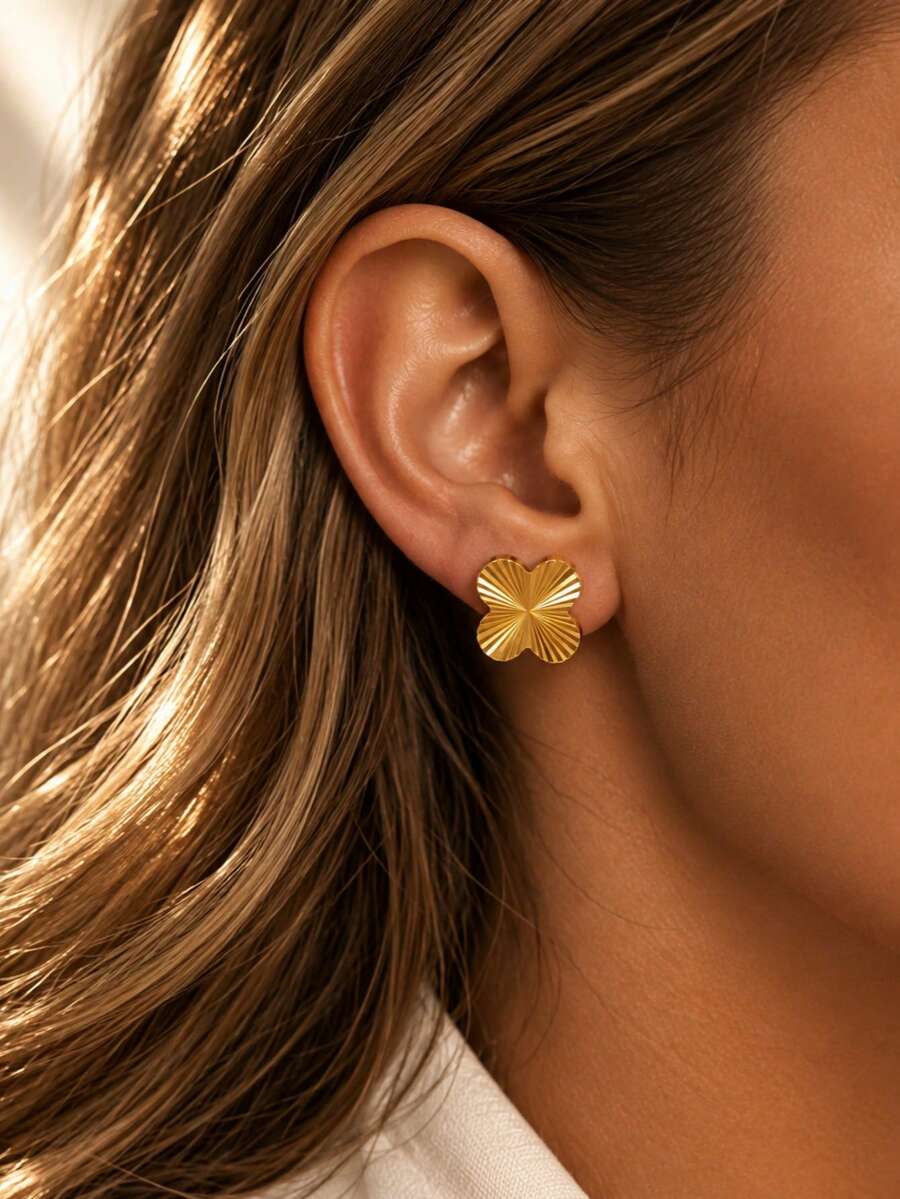 VceTd Stainless Steel Four-Leaf Clover Earrings, Suitable For Men And Women , Perfect Gift For Girlfriend, Friends And Couples - Yellow Gold - View 1
