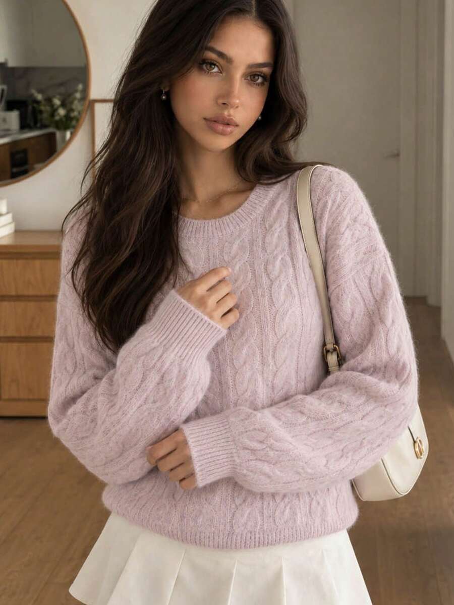 Yuwenier Light Purple Cable Knit Sweater Round Neck Long Petal Sleeve Soft Fuzzy Fabric Loose Cropped Fall Winter Casual Street Outfits - Mauve Purple - View 1