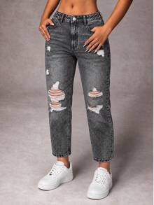 Women's Plus Size Vintage Denim Jeans, Cropped Length, Elastic Waistband With Pockets, Non-Stretch Floral Design, Suitable For Autumn Grunge Style - Black - View 1