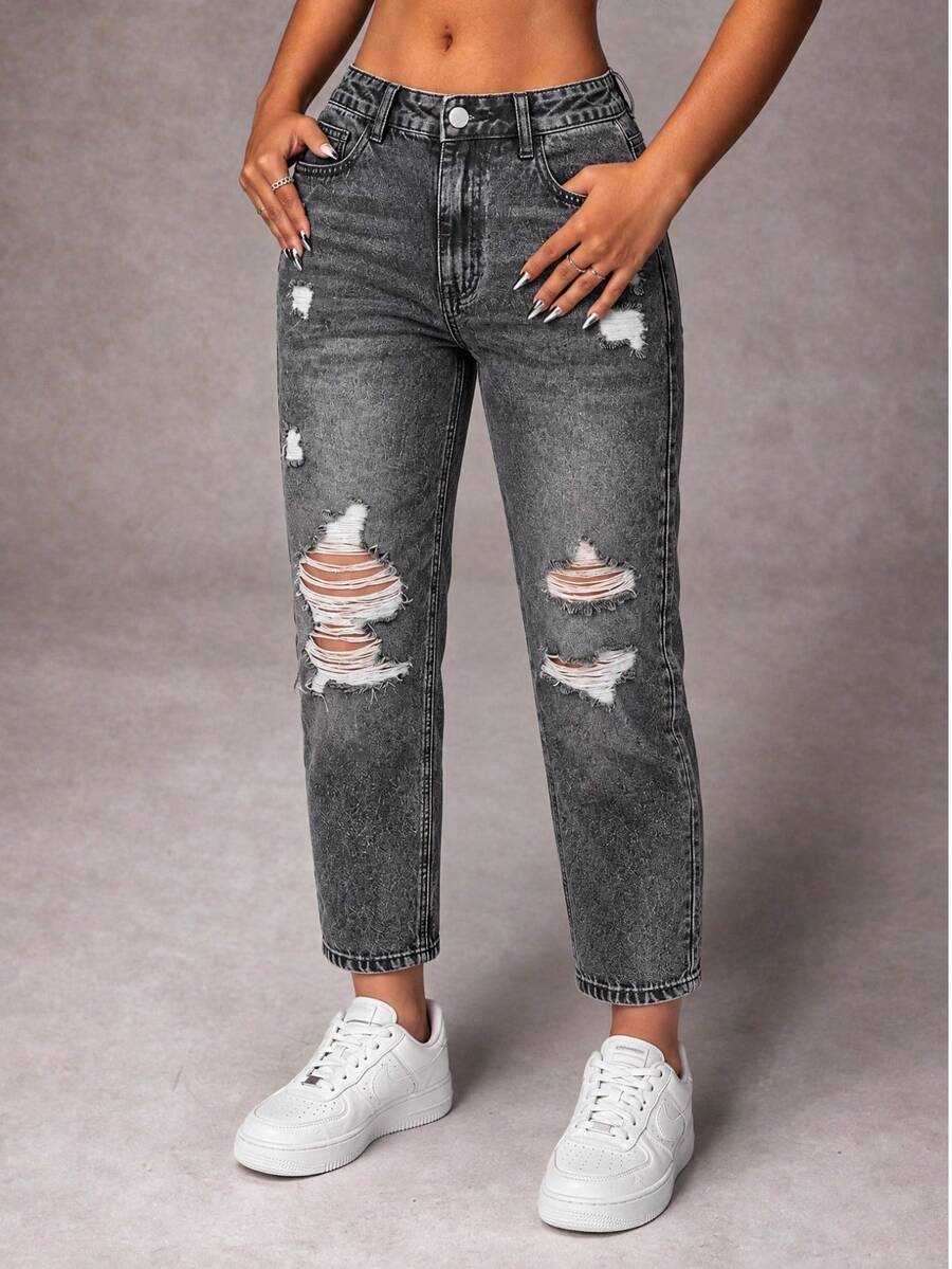 Women's Plus Size Vintage Denim Jeans, Cropped Length, Elastic Waistband With Pockets, Non-Stretch Floral Design, Suitable For Autumn Grunge Style - Black - View 1