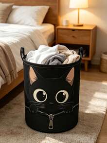 Large Capacity Foldable Cat Laundry Basket With Handle - Cute Tabby Cat Face Storage Bin, Dirty Clothes Organizer Bag, Portable Polyester Storage Basket, Suitable For Bedroom, Dorm, Room - Space-Saving Laundry Basket, Essential Home Helper - Multicolor - View 3