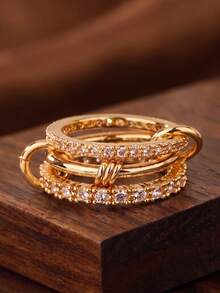 1pc Gold Intertwined Triple Band Ring, Multi Circle Cubic Zirconia Stacking Ring, Elegant Copper Statement Finger Ring For Women Party Daily Jewelry - Multicolor - View 1