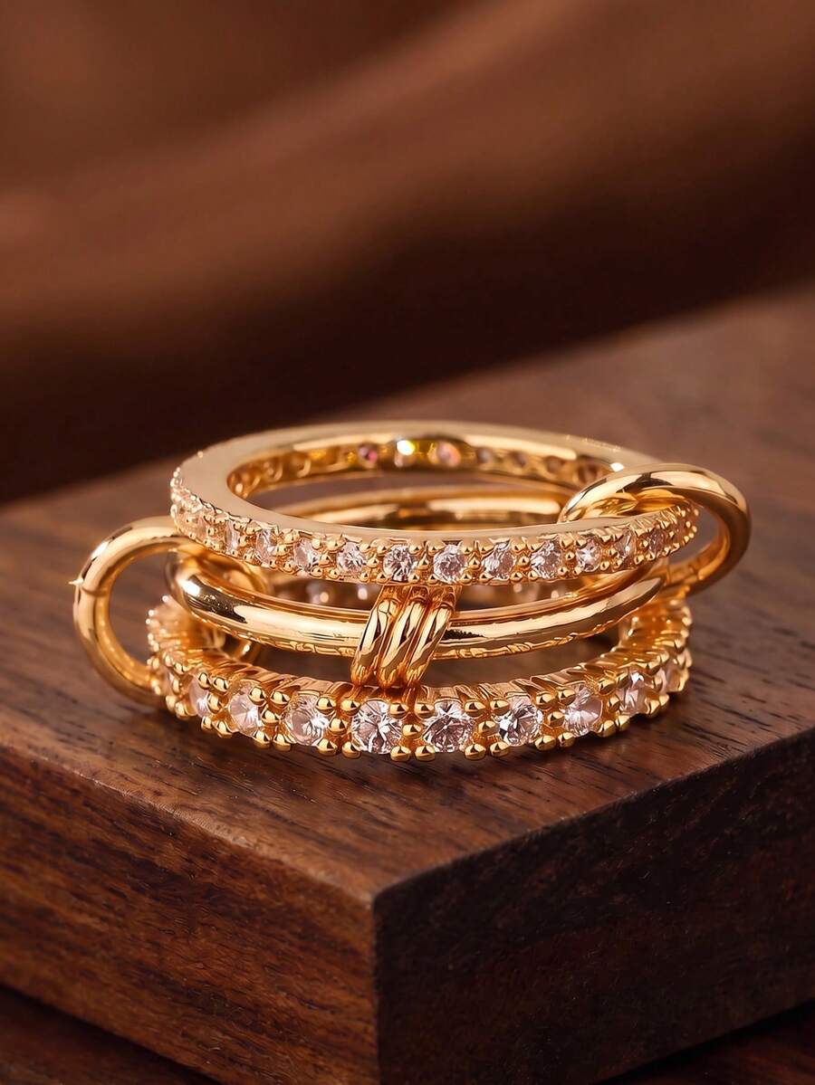 1pc Gold Intertwined Triple Band Ring, Multi Circle Cubic Zirconia Stacking Ring, Elegant Copper Statement Finger Ring For Women Party Daily Jewelry - Multicolor - View 1