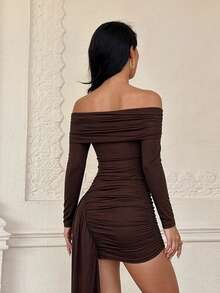 Fall And Winter Dresses, Back To School Prom Dresses, One Shoulder Draped Slim Fit Party Dresses, Perfect For Halloween, Birthdays, Vacation, Beach - Brown - View 4