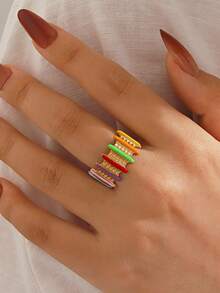 1pc Stainless Steel Fashion Colorful Enamel Striped Open Ring, Suitable For Women's Daily And Party Wear - Multicolor - View 1