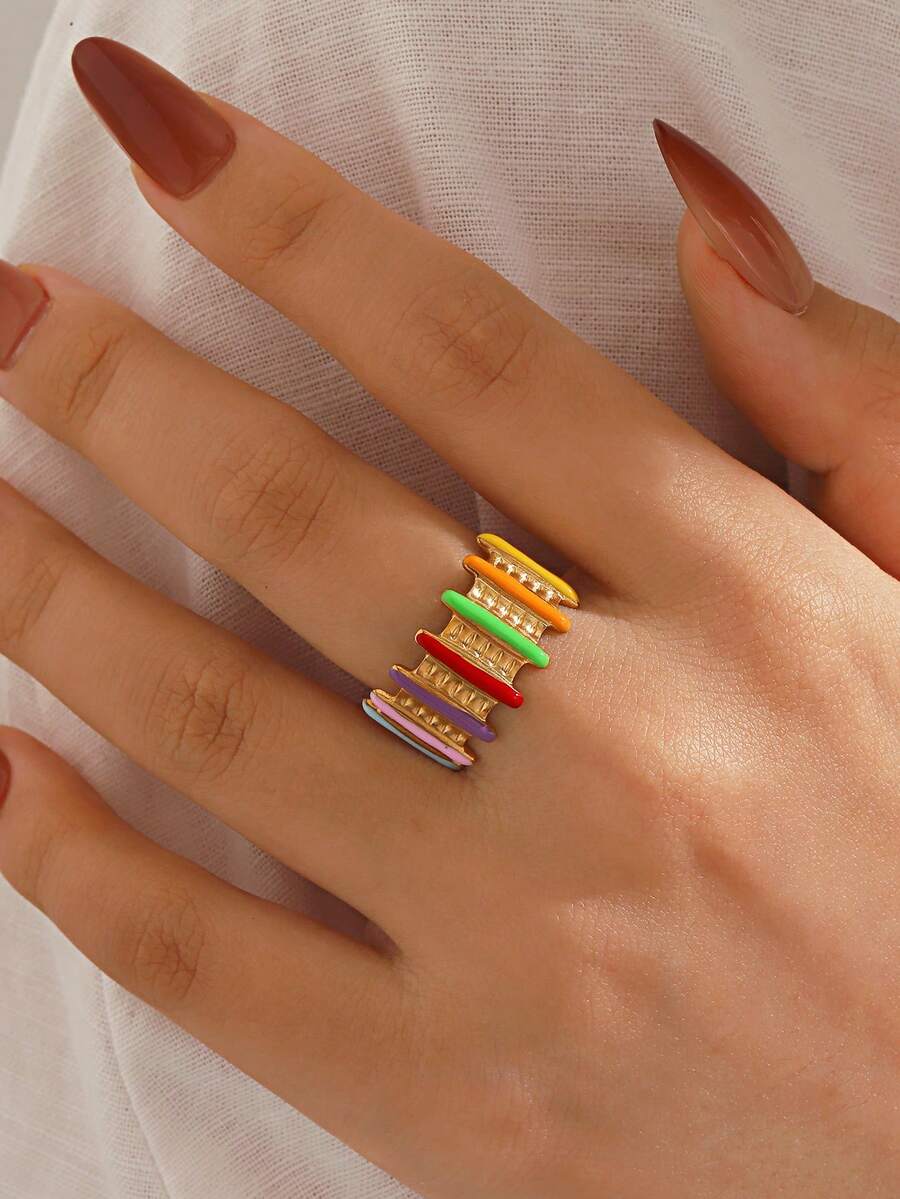 1pc Stainless Steel Fashion Colorful Enamel Striped Open Ring, Suitable For Women's Daily And Party Wear - Multicolor - View 1