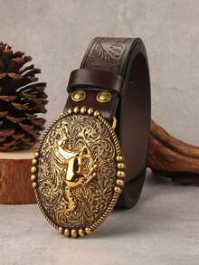 1pc Western Vintage Gold Horse Buckle Belt, Men's Adjustable Durable PU Belt, Suitable For Rodeo And Daily Wear - Multicolor - View 4