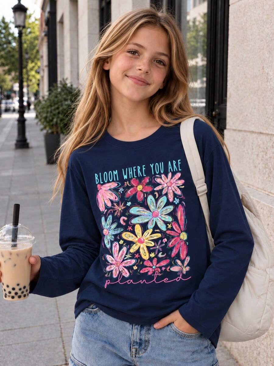 1件休閒印花長袖T恤,適合青少年女孩,春/秋/冬,年輕學生兒童服飾,時尚保暖舒適合身上衣 - 藏蓝色 - 查看 1