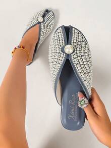 Ximi Ruo Women's Peep-Toe Cool Slides Spring New Fashion Outdoor Flat Rhinestone Closed Toe Slippers Slouchy Mule Shoes Internet Celebrity Closed Toe Slippers Women's Shoes Outdoor Spring Summer New Fashion Pointed Toe Chunky Heel Mule Shoes Rhinestone - Royal Blue - View 4