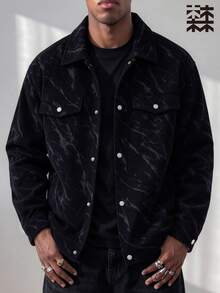 Mulinsen Men Marble Print Corduroy Shacket, Lapel Collar Button Down Long Sleeve Jacket, Loose Fit Casual Outerwear With Flap Pockets - Black - View 8