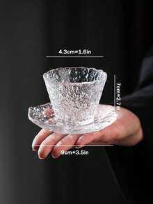 1pc Premium Glass Tea Cup And Saucer Set, Japanese Style Conical Tea Cup, Kung Fu Tea Cup, Personal Tea Cup, Host Cup, Transparent Frosted Cloud Mist Cup And Saucer - Multicolor - View 11