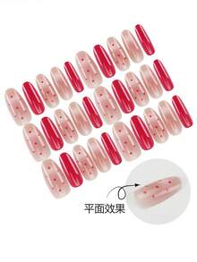 30片中號杏仁形穿戴甲，快速佩戴，亮面玫瑰紅與透膚裸色波點配銀色亮片點綴，甜美風格，附果凍膠與指甲锉，時尚秋季指甲，秋季美甲必備用品 - 彩色 - 查看 3