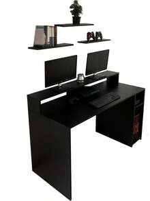 Escritorio Gamer de Madera con Estante para Monitor y Compartimentos de Almacenamiento, Mesa de Ordenador para Oficina y Sala de Juegos, Color Negro - Negro - Ver 2