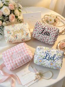 個性化刺繡化妝包 定製姓名 粉色花卉格紋絎縫化妝包 伴娘求婚禮物 - 彩色 - 查看 5