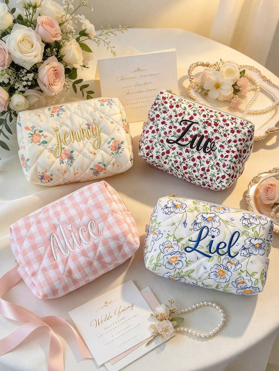 Personalized Embroidered Makeup Bag Customized Name Pink Floral Plaid Quilted Cosmetic Bag Bridesmaid Proposal Gift